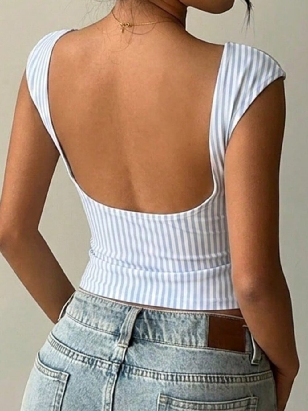 Multicolor Sexy Women's Cap Sleeve Stripe Backless T-Shirt